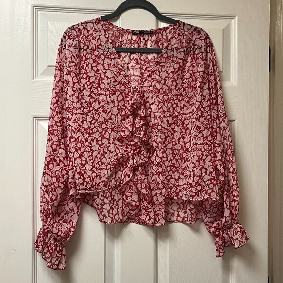ZARA Red size L Large Sheer flowy top Ruffles - Picture 1 of 4